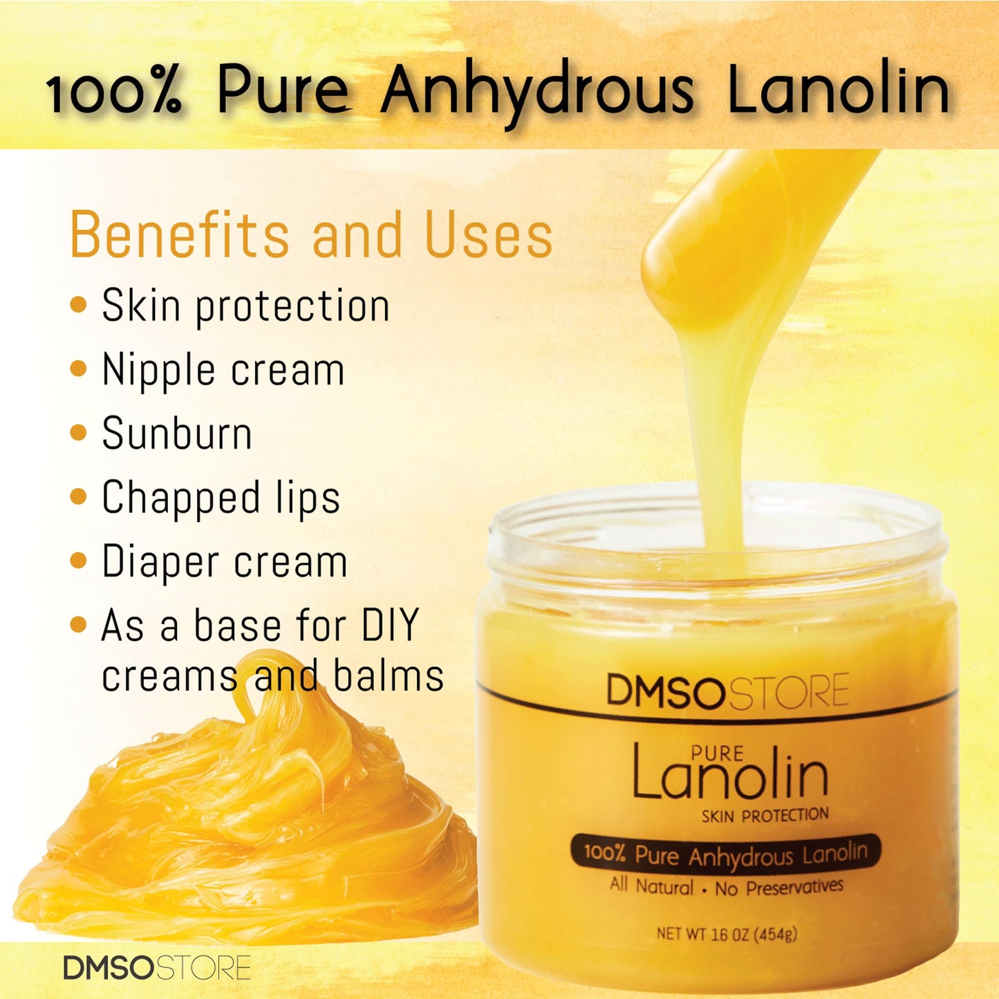 DMSOSTORE Lanolin 100% Pure Unrefined Sheep Wool, USP Grade, 1 lb