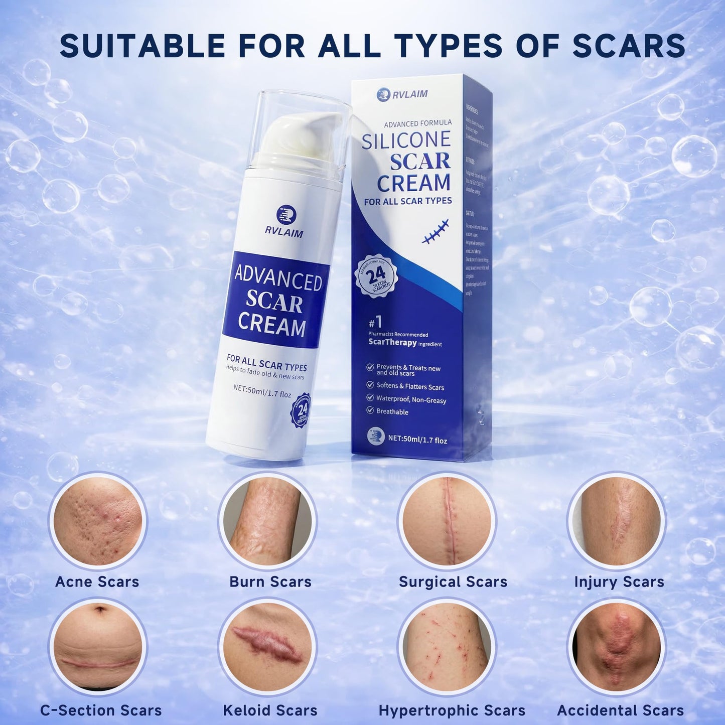 Scar Cream Scar Gel, Advanced Silicone Scar Gel, Professional Scar Removal Cream for Surgical Scars, Stretch Mark, Keloid Bump, C-Section, Old and New Scars