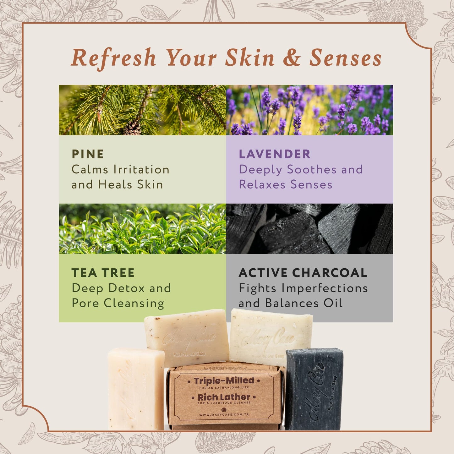 Mary Case Variety Bar Soap Set of 8 | Lavender, Pine Tar, Tea Tree & Charcoal Natural Soap Bars | Vegan Bath Soap for Men & Women | Deep Hydrating & Nourishing Skin Care Collection