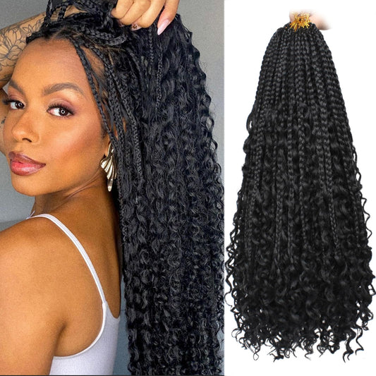 Unionbeauty Boho Box Braids Crochet Hair 16 Inch Black Goddess Box Braids Crochet Hair Curly Ends 8 Packs Bohemian Hippie Box Braids Synthetic Braiding Hair for Black Woman Crochet Box Braids 1B#