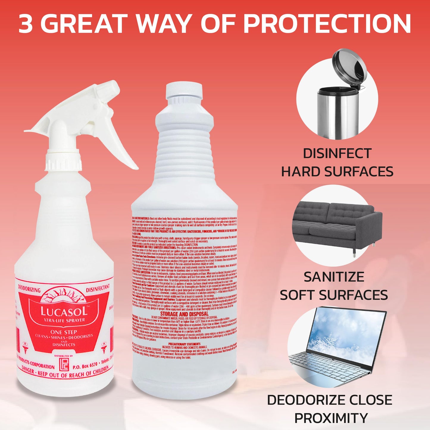 Lucasol One Step Disinfectant, 32 Fl Oz Disinfectant & 24 Oz Empty Refillable Spray Bottle Combo. Multi Purpose Cleaner Spray For Hospitals, Schools, Salons, Household Cleaning And More