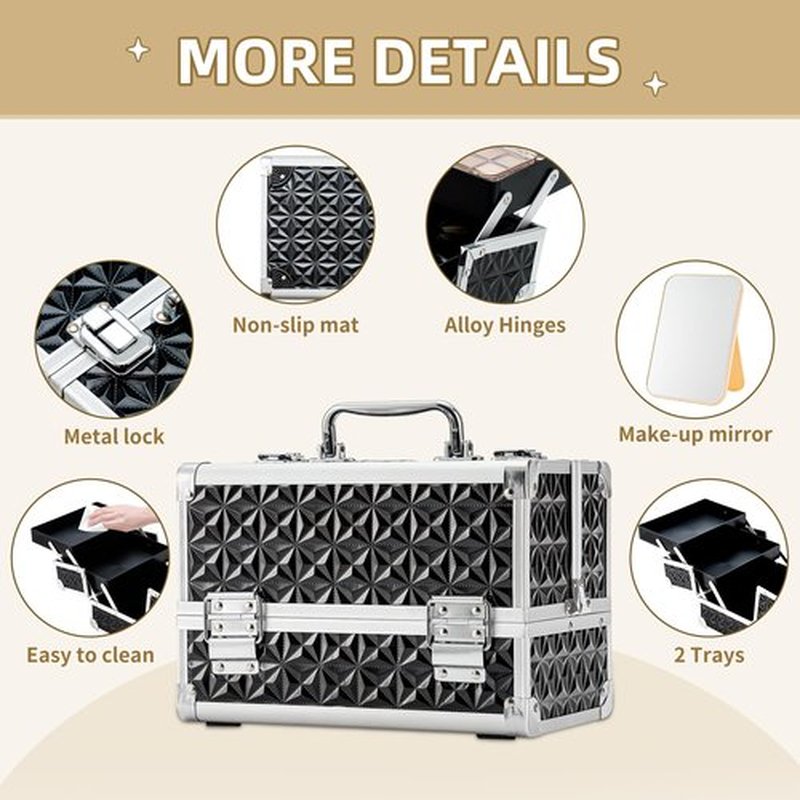 Leeora&Leekoo Makeup Train Case Cosmetic Box Portable Makeup Case Organizer 2 Trays Makeup Storage with Mirror for Cosmetologist Aesthetic Supplies Nail Tech Traveling Makeup Box (Black)