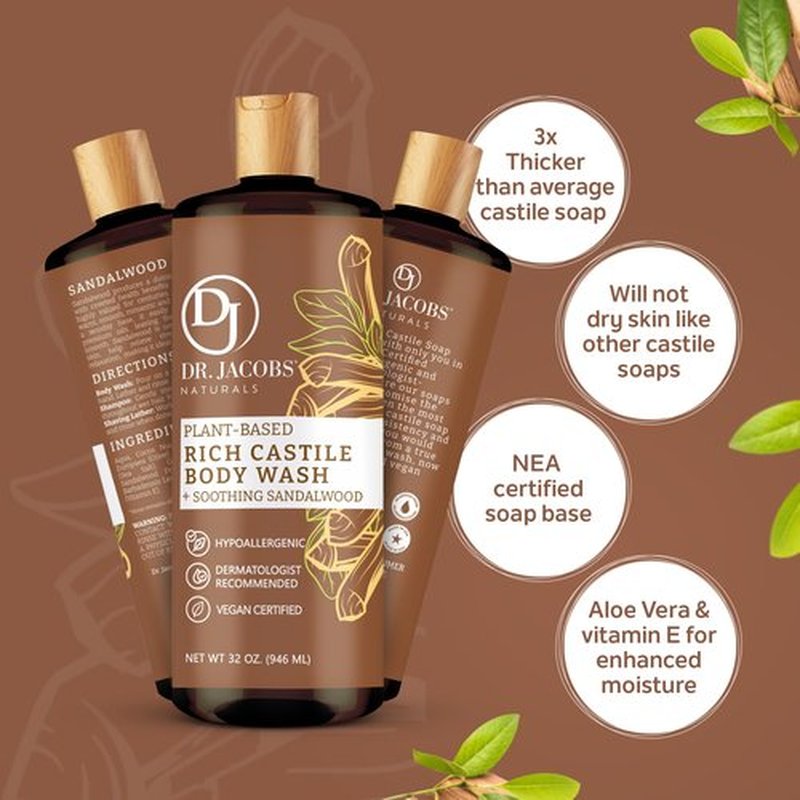 Dr Jacobs Naturals Pure Castile Liquid Soap Body Wash - Great to Put Into a Liquid Soap Dispenser for Bathroom(Sandalwood, 16 Oz (Pack of 2))