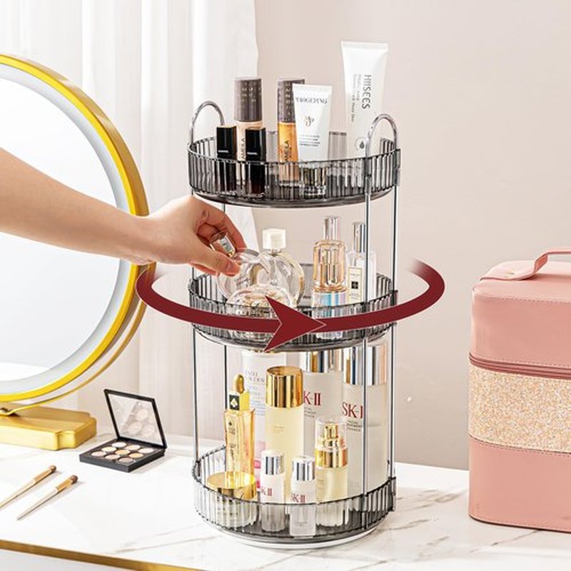 INVSSENE 360° Rotating Makeup Organizer, Bathroom Make Up Spinning Holder Rack, Large Capacity Cosmetics Storage Vanity Shelf Countertop, Fits Cosmetics, Perfume, Skincare, Lipsticks(3 Tiers, Gray)
