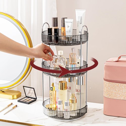 INVSSENE 360° Rotating Makeup Organizer, Bathroom Make Up Spinning Holder Rack, Large Capacity Cosmetics Storage Vanity Shelf Countertop, Fits Cosmetics, Perfume, Skincare, Lipsticks(3 Tiers, Gray)