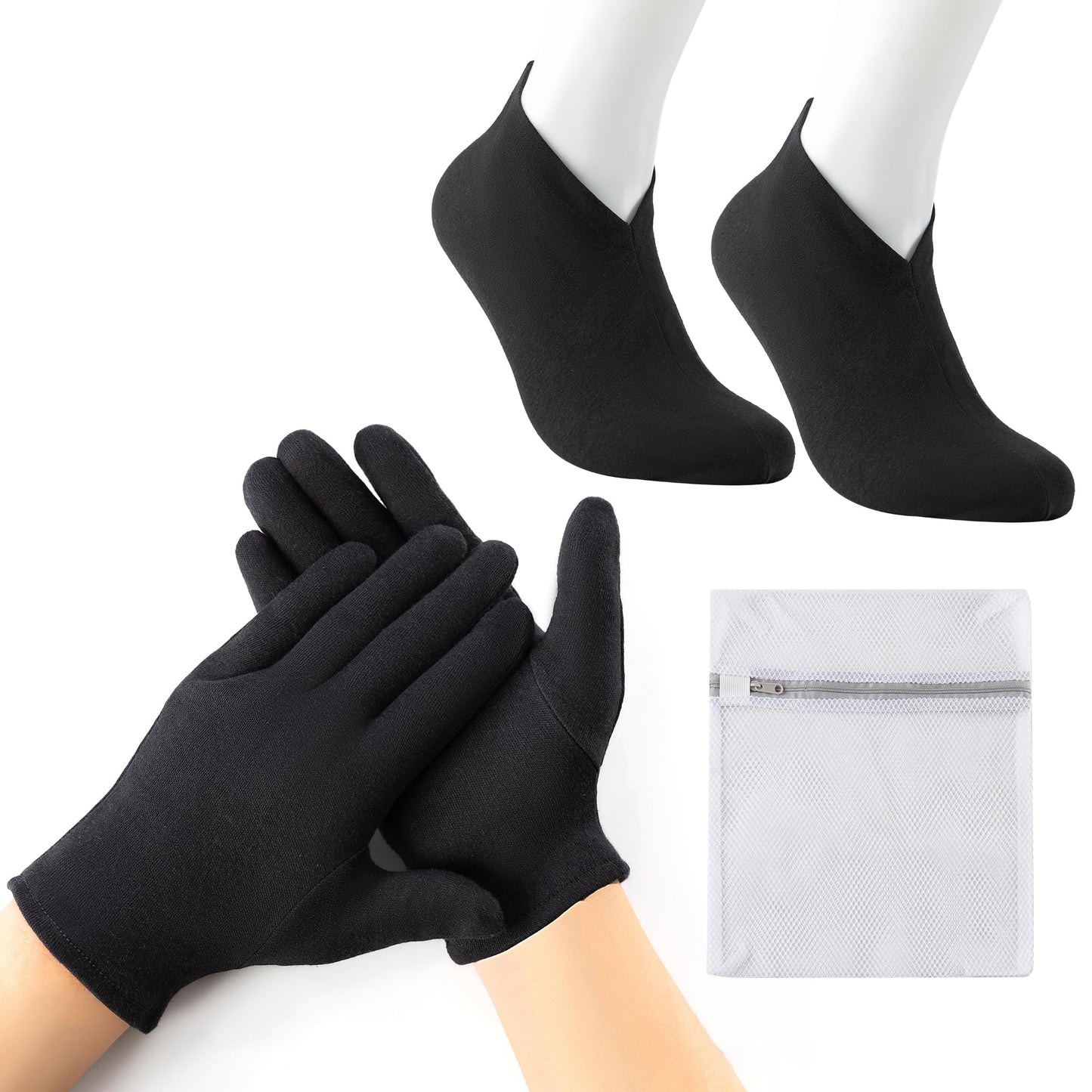 BESSLEE 12 Pairs Cotton Moisturizing Gloves and Socks Set, Loose-fit, Black
