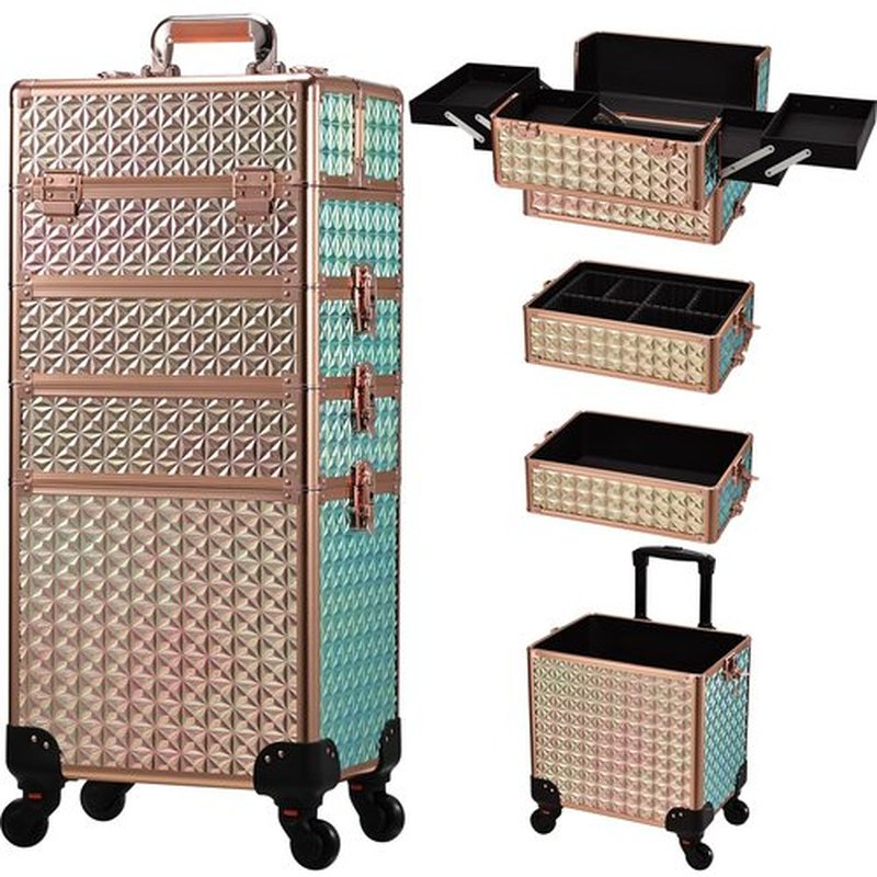 Stagiant Rolling Makeup Train Case Large Storage Cosmetic Trolley 4 in 1 Large Capacity Trolley Makeup Travel Case with Key Swivel Wheels Salon Barber Case Traveling Cart Trunk Shiny Rose Gold