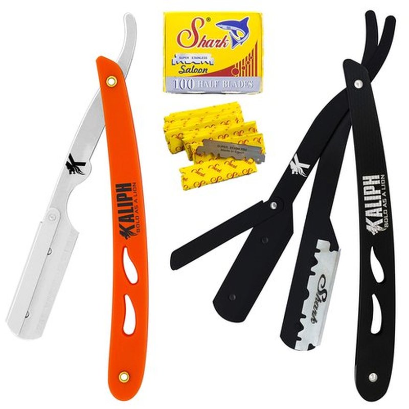 Kaliph Professional Barber Straight Razor For Men - Premium Pack of 2Pcs Shavette Straight Razor With 100 Shaving Blades - Salon Quality Men's Manual Cut Throat Razor For Close Shaving (Black & Orange