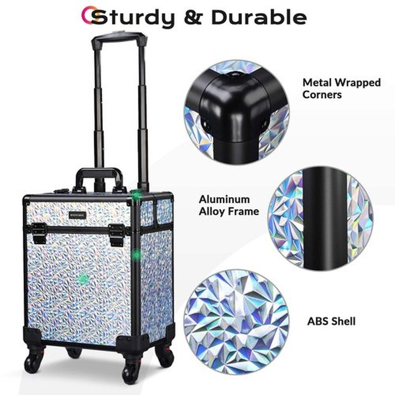 BYOOTIQUE Rolling Makeup Train Case Aluminum Cosmetic Case Portable Makeup Organizer Suitcase with Wheels 4 Tray Cosmetology Trolley Traveling Trunk for Makeup Artist Nail Tech Barber, Mermaid Silver