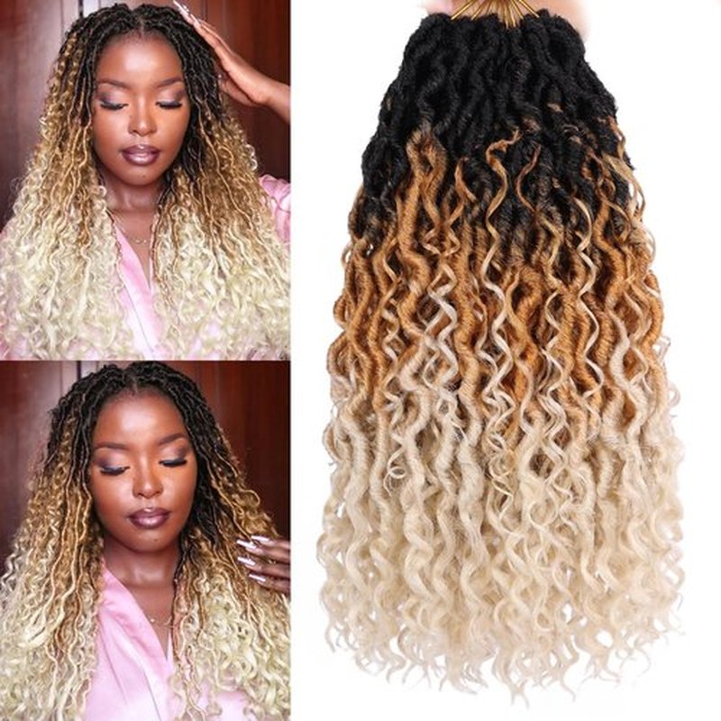 COOKOO 14 Inch Bohemian New Faux Locs Crochet Hair 8 Packs Ombre Goddess Locs Crochet Hair Pre Looped Crochet Braid with Curls Boho Style Hippie Locs Synthetic Hair Extensions for Women 1B/27/613#