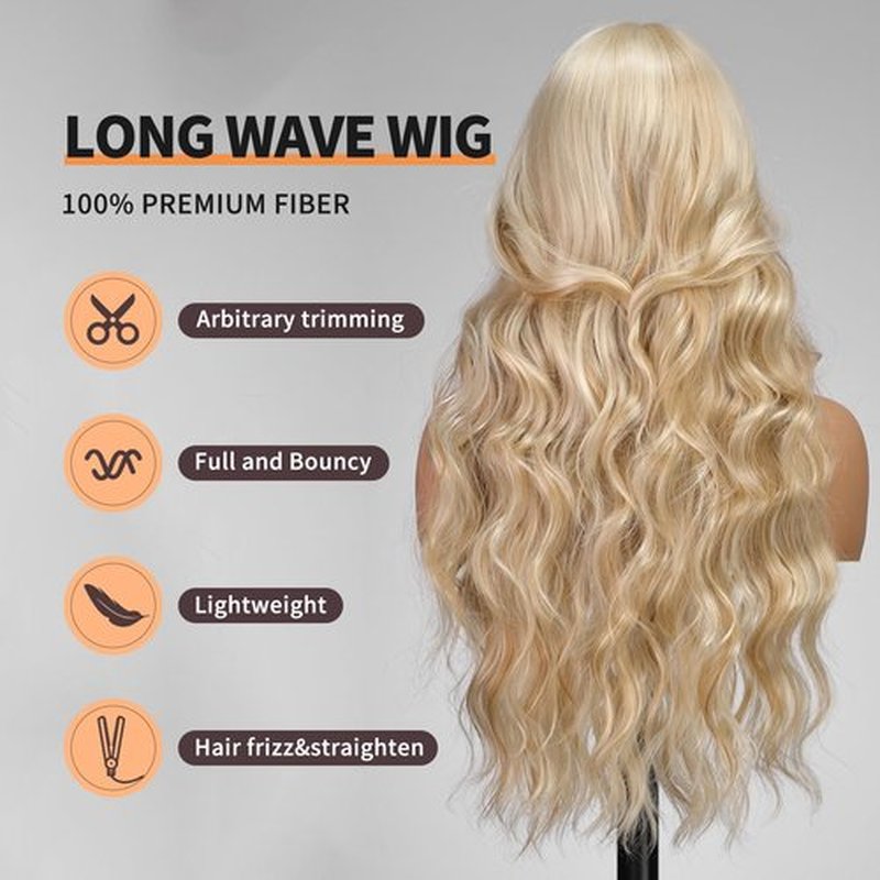 KOME Light Blonde Wigs with Bangs,613 Blonde mixed Long Wavy Wig for Women,Long Curly Synthetic Hair Wig for Party Daily Use 26IN…