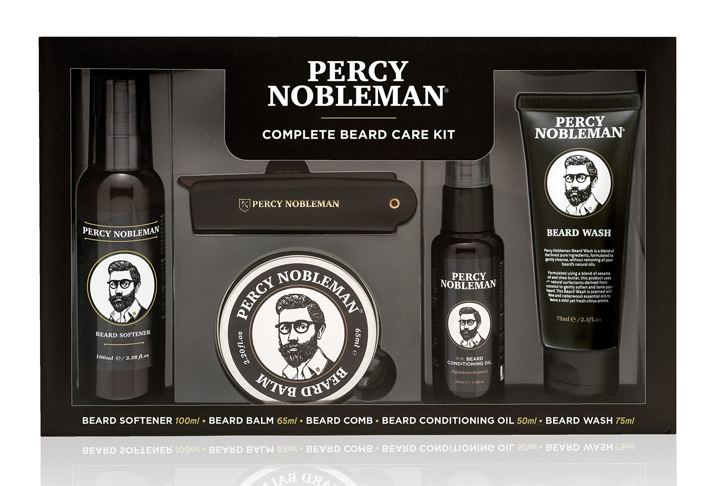 Percy Nobleman Complete Beard Care Kit – Beard Grooming Gift Set with Beard Softener, Scented Beard Oil, Beard Balm, Beard Wash and Folding Acetate Comb for Softening, Hydration & Styling