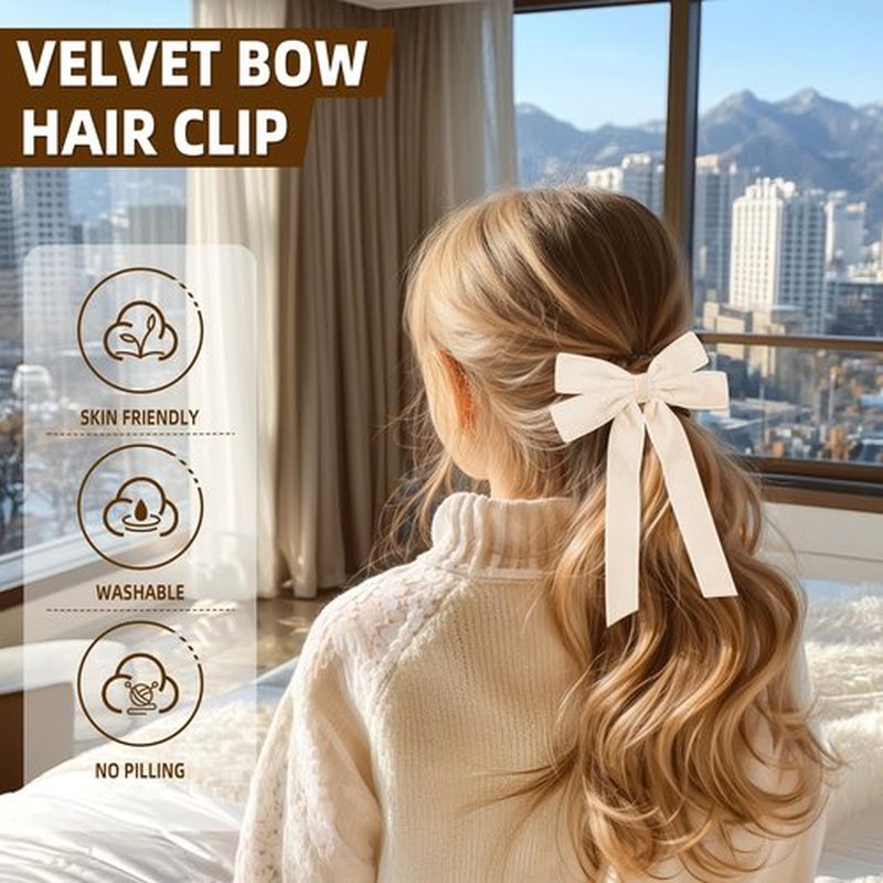 2PCS Beige Hair Bows Soft Velvet Bow Hair Clip with Long Tail Hair Accessories for Women Girls Toddlers