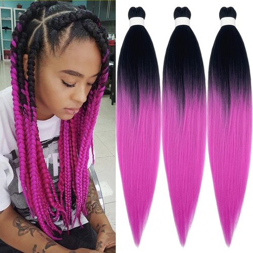 UPruyo Rose Pink Ombre Braiding Hair Pre Stretched Prestretched Braiding Hair Ombre Synthetic Hair for Braiding Pink Hair Extensions for Braids Colored Kids Micro Braiding Hair (26 In 3 Packs)