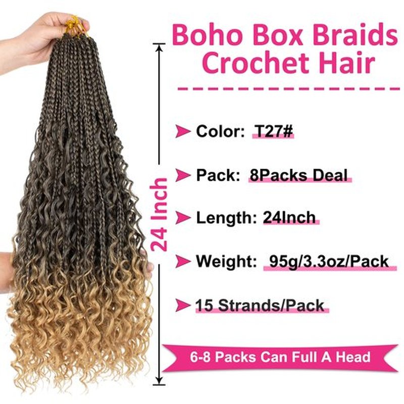 Unionbeauty 24 Inch 8 Packs Boho Box Braids Crochet Hair with Curly Ends Goddess Box Braids Hair Butterfly Bohemian Hippie Braids Pre-looped Ombre Synthetic Braiding Hair Extension for Woman T27#