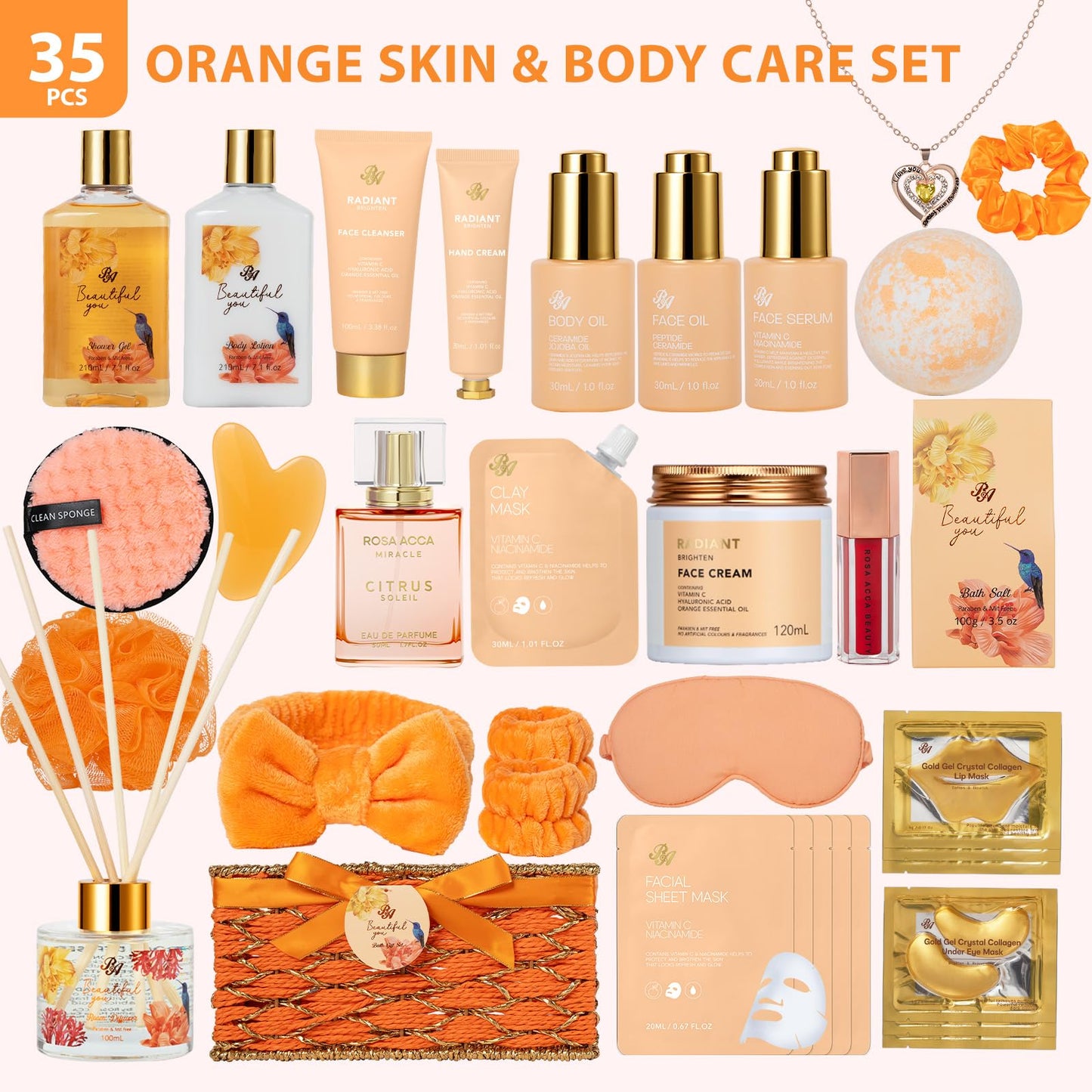 Gifts for Women, Gifts Basket for Women, 35 Pcs Bergamot & Rose Bath & Body Gift Basket Set, Face Skin Care Set, Self Care Set, Home Spa Basket, Christmas, Birthday, Valentine, Anniversary, Mom