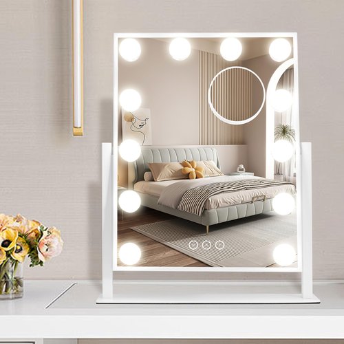 Vanity Mirror with Lights,Lighted Vanity Mirror with 12 Dimmable Bulbs for Dressing Room & Bedroom,3 Color Lighting,Modes Detachable 10x Magnification 360°Ratation