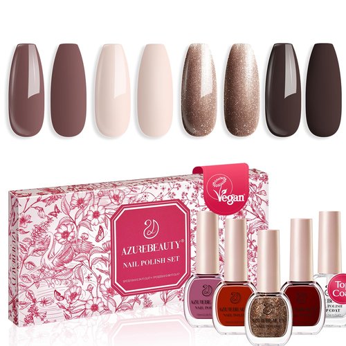 AZUREBEAUTY Nail Polish Set, Fall Winter Brown Glitter 4 Colors Nail Lacquer for Fragile Nail with High Shine Fast Dry Top Coat