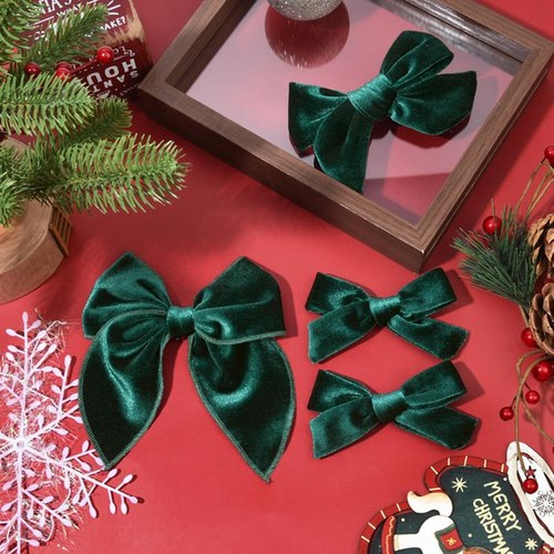 DEEKA 4 PCS Dark Green Velvet Hair Bows 3 Styles 5" & 4" Handmade Hair Bow set for Toddler Girls Alligator Hair Clips Knot Bows Hair Accessories for Little School Girls (Dark Green)