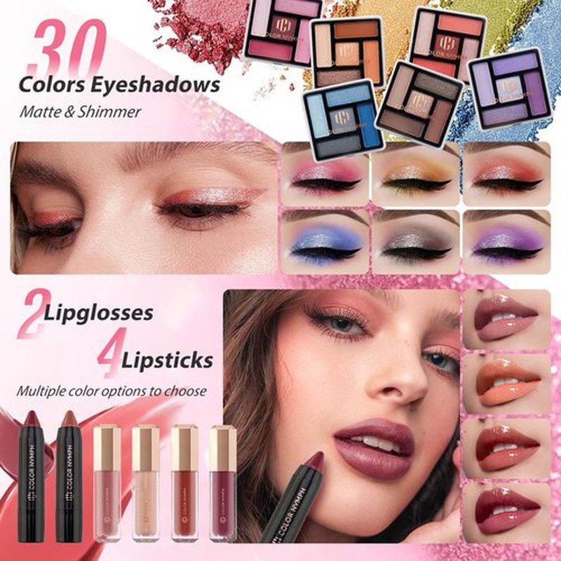 Color Nymph Makeup Case with Full Kit Cosmetics Set For Girls, Makeup Sets For Beginner Teenages Train Case Make Up Kit Cosmetics Box Includs Eyeshadow Lipstick Blush Lipgloss Mascara and Tools -Pink