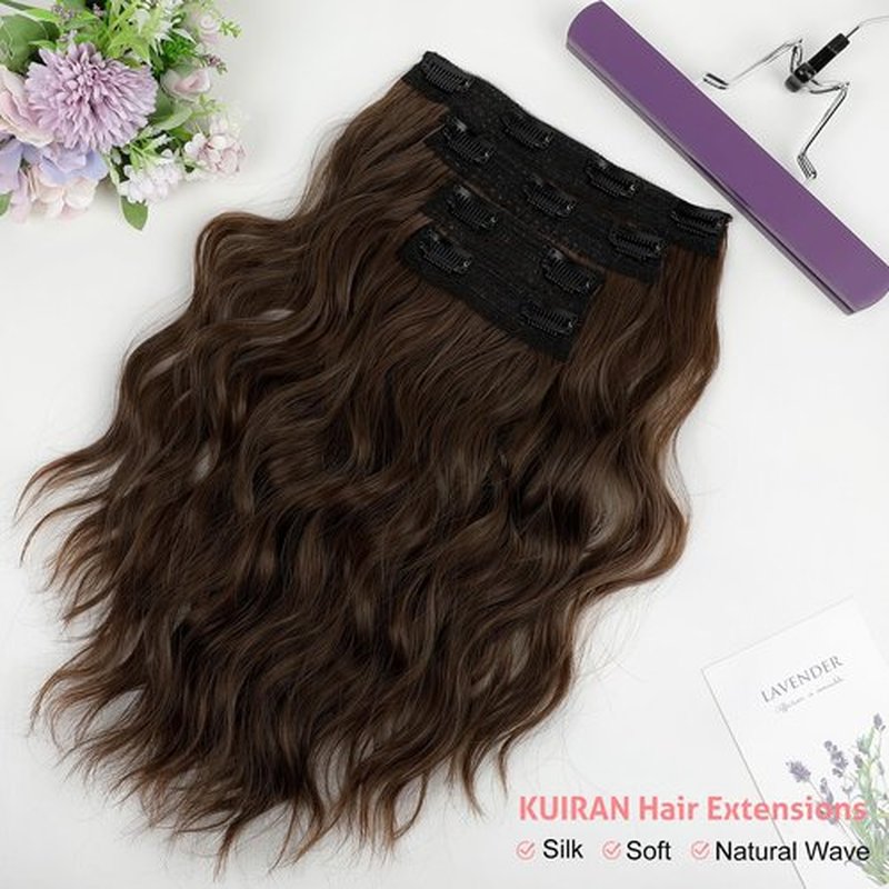 KUIRAN Hair Extensions, Clip in Hair Extensions 14" Short Curly Wavy Black Hair Extensions 4PCS Hair Extensions Invisible Lace Weft Natural Soft Hairpieces for Women - Dark Cool Beige Brown