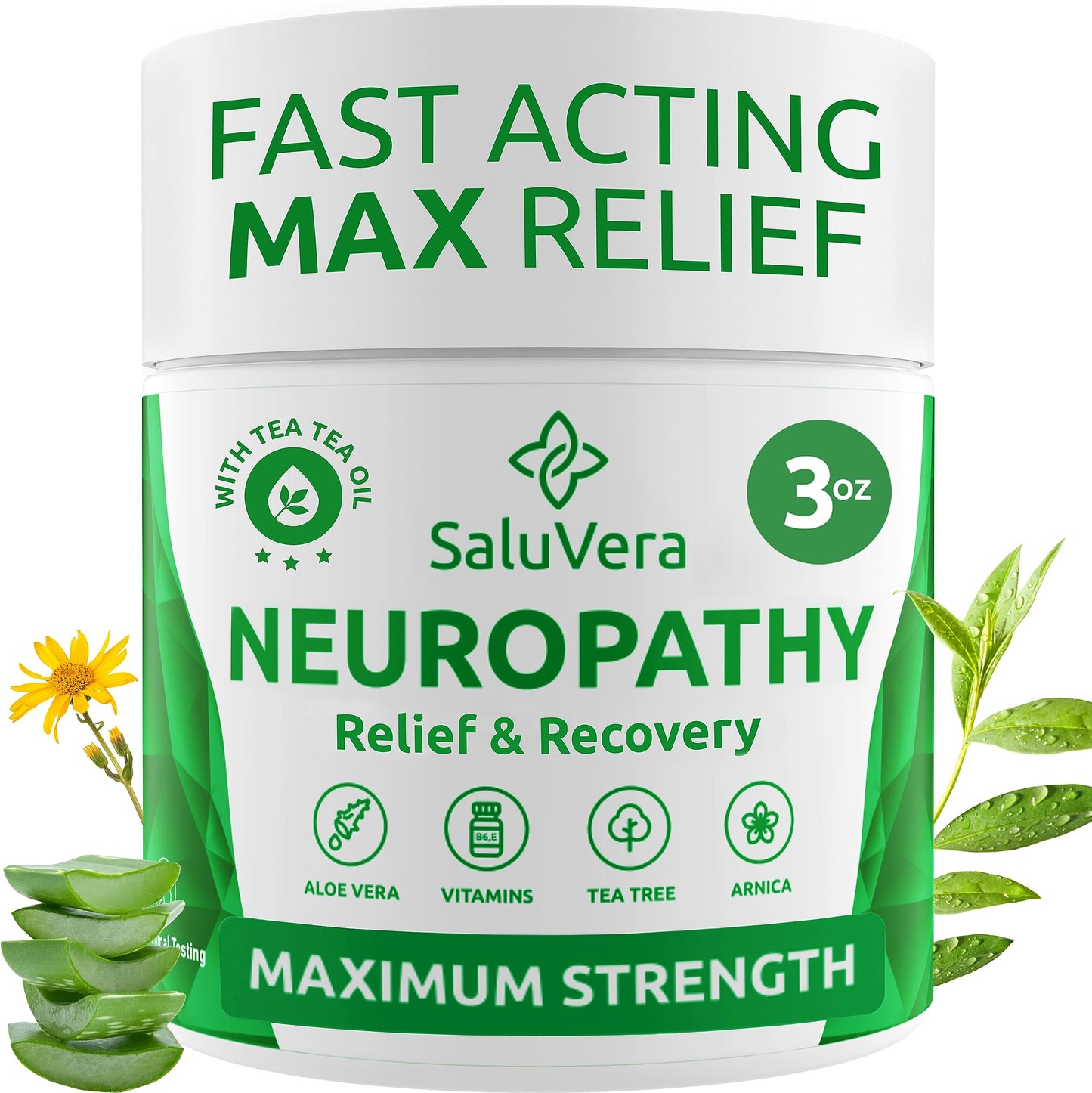 SaluVera Neuropathy Pain Relief Cream - Maximum Strength Nerve Pain Reliever for Foot, Toes, Hands, Legs with Aloe Vera, Arnica, MSM Vitamin B6, and Menthol for Fast-Acting Relief 3oz
