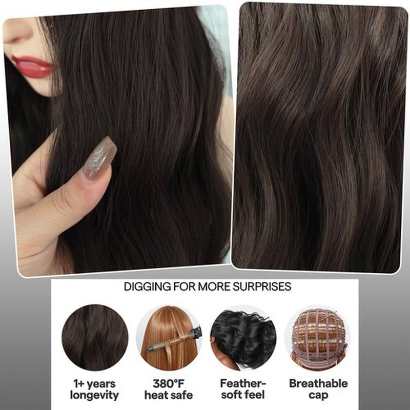 curldiva Brown Wavy Bob Wigs with Bangs 16inch Natural Brown Curly Wig Middle Part Simulated Scalp Heat Resistant Synthetic Hair for Daily Wearing