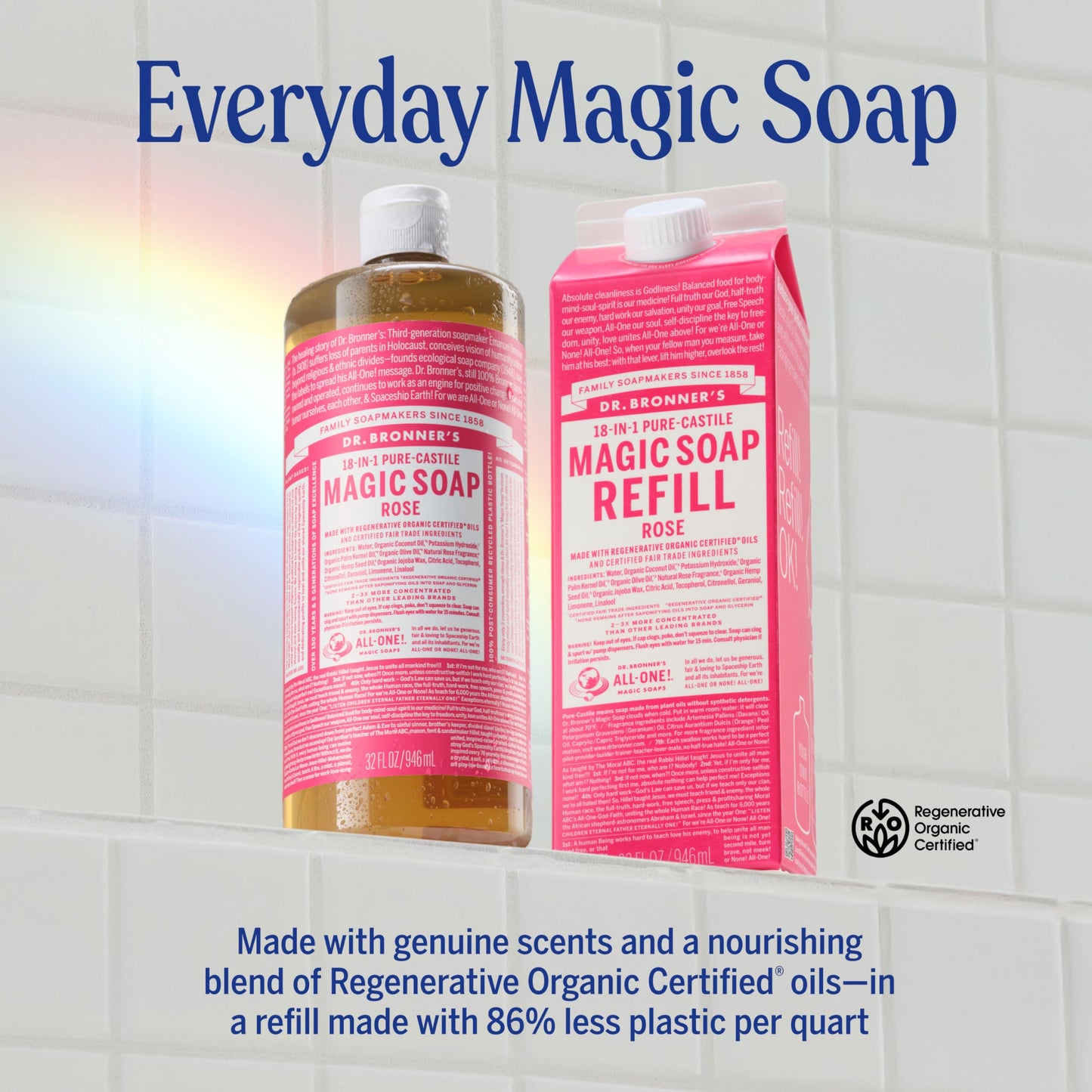 Dr. Bronner's Magic Soap-Pure-Castile Liquid Soap Refill (Rose 32 ounce, 1-Pack)-Regenerative Organic Certified Oils, For Body, Hair, Laundry, Pets & Dishes, Concentrated, Vegan, Non-GMO