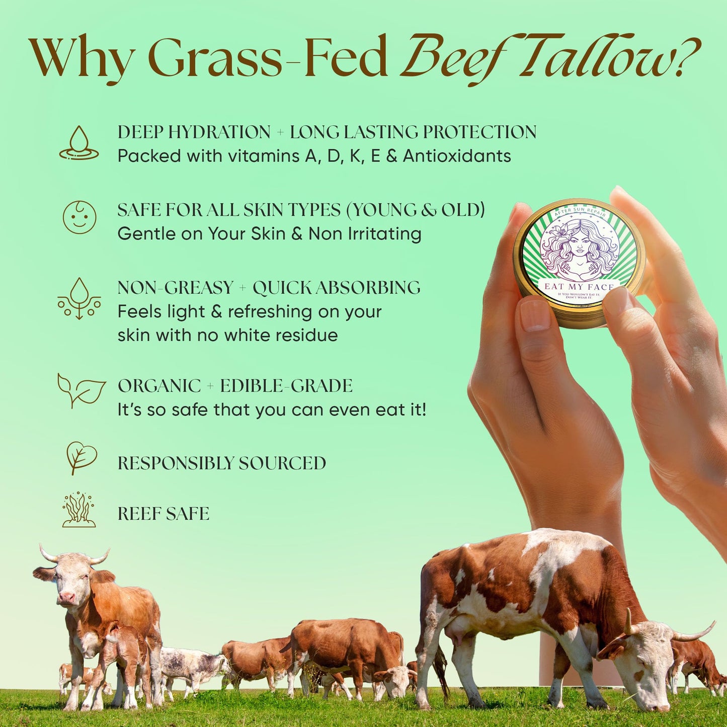 Eat My Face Grass Fed Beef Tallow Cream Aloe Vera After Sun Cream Repair | Enriched with Shea Butter, Cocoa Butter, Jojoba Oil, Sea Buckthorn, and Vitamin E, 4 fl oz