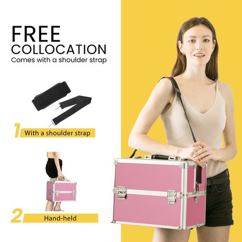 VIVOHOME 4 in 1 Makeup Rolling Train Case Aluminum Trolley Professional Cosmetic Organizer Box with Shoulder Straps 2 Keys Pink(Cosmetic are not included)