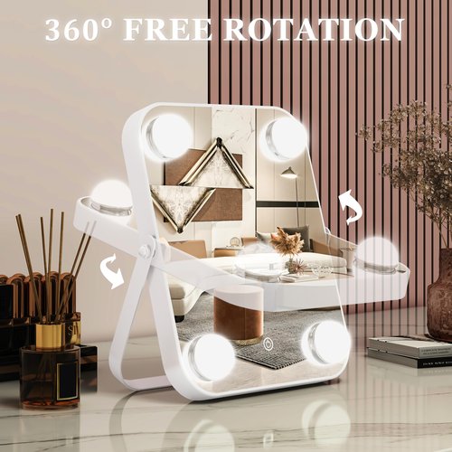 ROLOVE Vanity Mirror with Lights, Hollywood Makeup Mirror with Light, Lighted Tabletop Makeup Mirror with 4 Dimmable LED Bulbs, Portable Travel Makeup Mirror with U-Shaped Bracket, Smart Touch Control