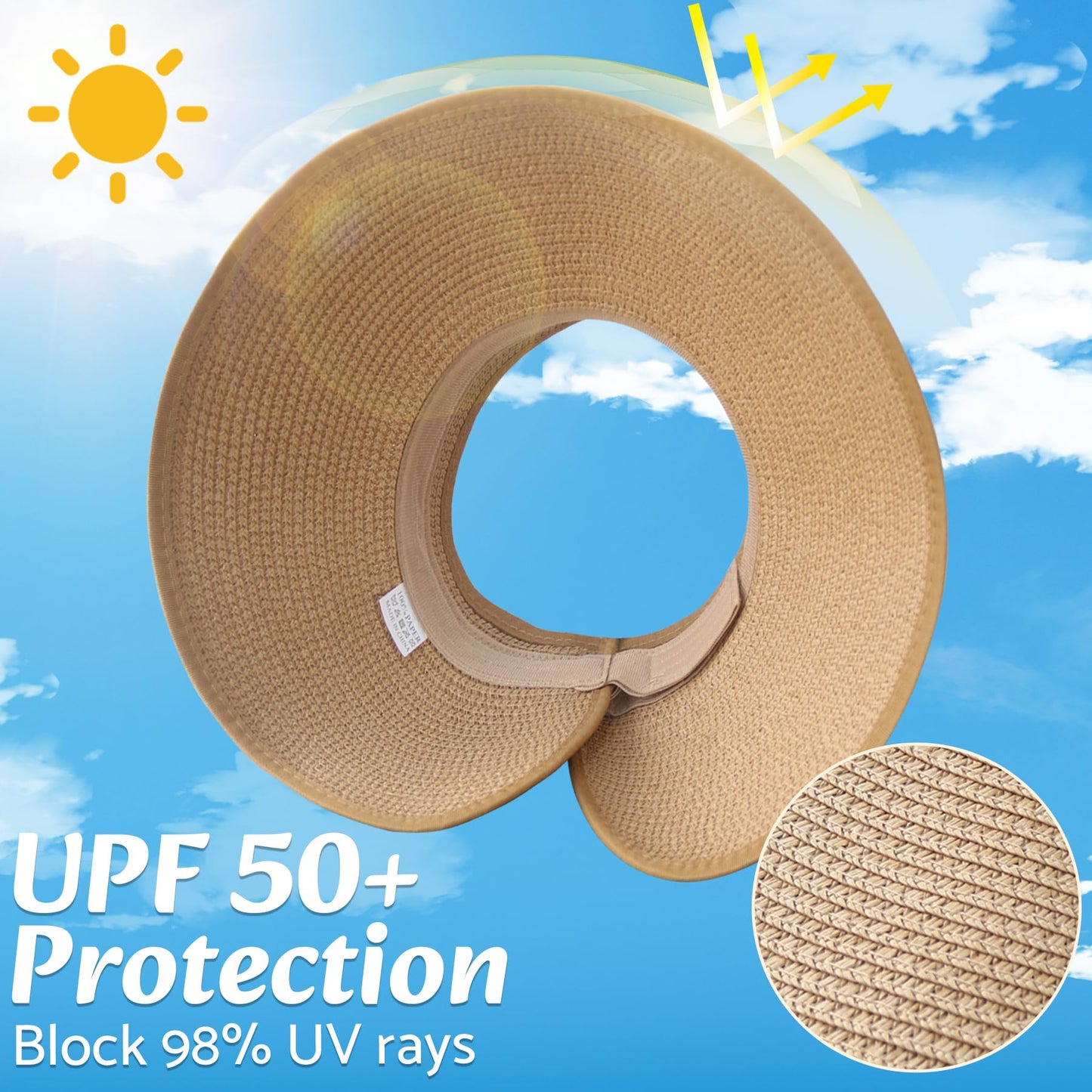 NPQQUAN Sun Visor Hats for Women Wide Brim Ponytail Straw Beach Hat Packable Foldable UPF 50+ Floppy Travel Hats Black