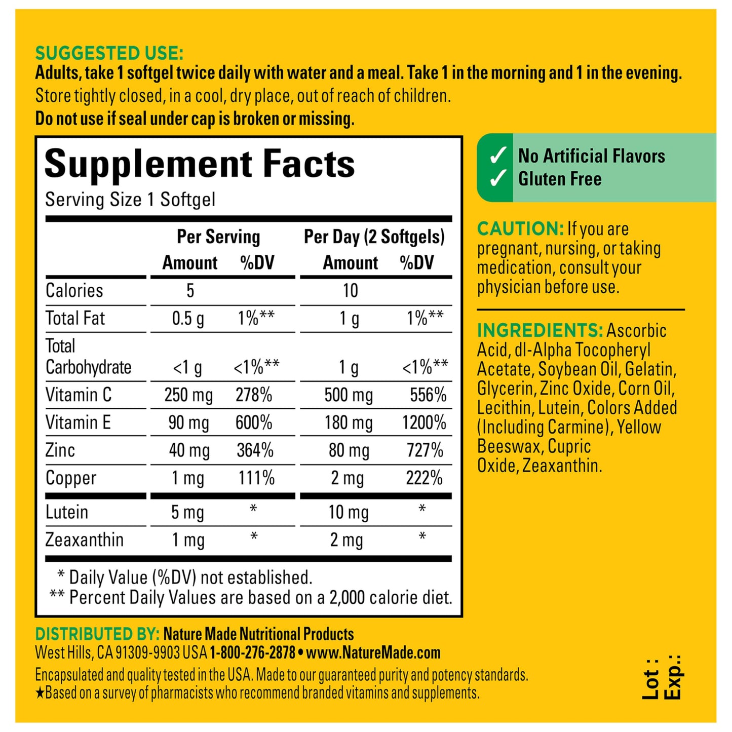Nature Made Vision Based on the AREDS 2 Formula, Eye Vitamins with Lutein & Zeaxanthin, Vitamin C, Vitamin E, Zinc and Copper for Healthy Vision and Eye Function Support, 60 Softgels, 30 Day Supply