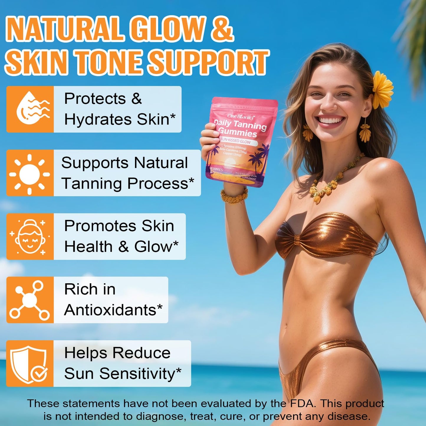 Tanning Gummies,Self Tan Bronzing Supplement-Daily Oral Chews with Beta Carotene for Skin Health & Glow, Vegan, Non-GMO-60 Ct 30-Day Supply