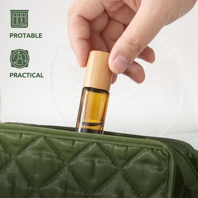 4 Pack, Essential Oil Roller Bottles, Amber Glass Roller Balls for Essential Oils, 10ml Empty Rollerball Bottles for Travel Refillable Roll on Perfume Bottles with Bamboo Plastic Caps