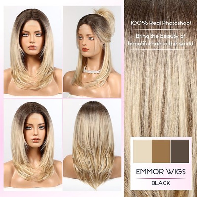 EMMOR Short Layered Wigs,Natural Medium Length Central Lace Layered Wigs, Premium Heat-Resistant Synthetic Straight Wigs for Women Daily Use(Ombre Light Blonde)