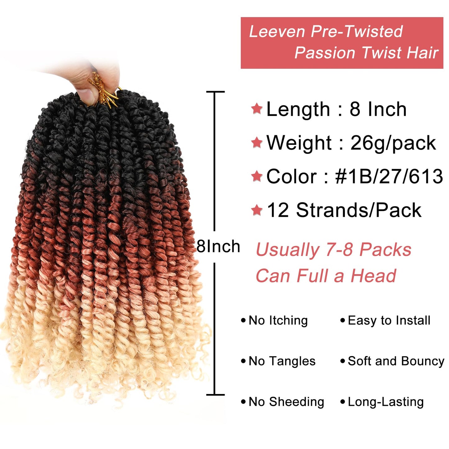Leeven Passion Twist Hair 8 Packs 8 Inch Pre Twisted Crochet Twist Hair 3 Tone Ombre Blonde Pre Looped Short Curly Bohemian Braids Synthetic Hair Extensions for Black Women 12 Strands/Pack #1B/27/613