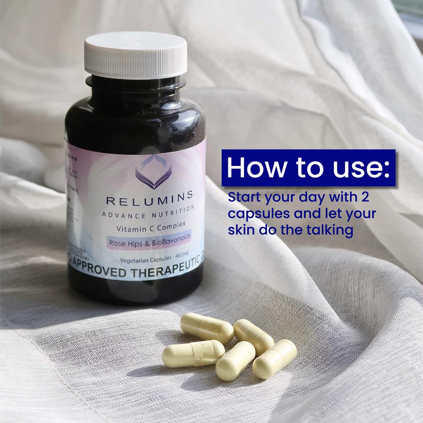 Relumins Advanced Vitamin C Supplement with Rose HIPS - 1000mg of Vitamin C Immune Support & Collagen Production, Made in USA, for a Summer Glow Skin, 180 Capsules x 3 Bottles (9-Month Supply)