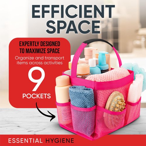 Masirs Mesh Shower Caddy Bag - Collapsible, Portable Bathroom Organizer for Travel, Gym, and Dorm Use. Easily Carry and Organize College Dorm, Bathroom Toiletry Essentials. (Pink)