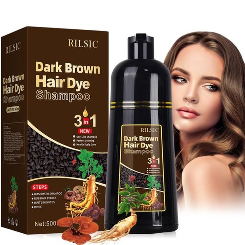 RILSIC Instant Dark Brown Hair Dye Shampoo 3 IN 1,Unisex, Natural Coloring for Grey Hair in Minutes(500ML)