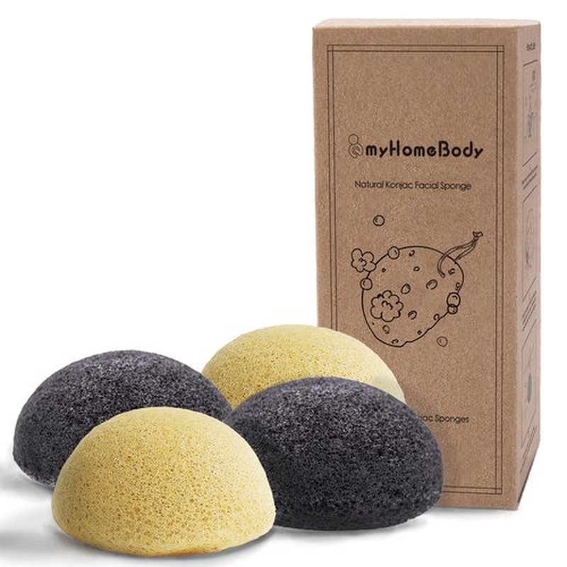 myHomeBody Natural Konjac Facial Sponges - for Gentle Face Cleansing and Exfoliation (2 Turmeric Yellow, 2 Charcoal Gray)