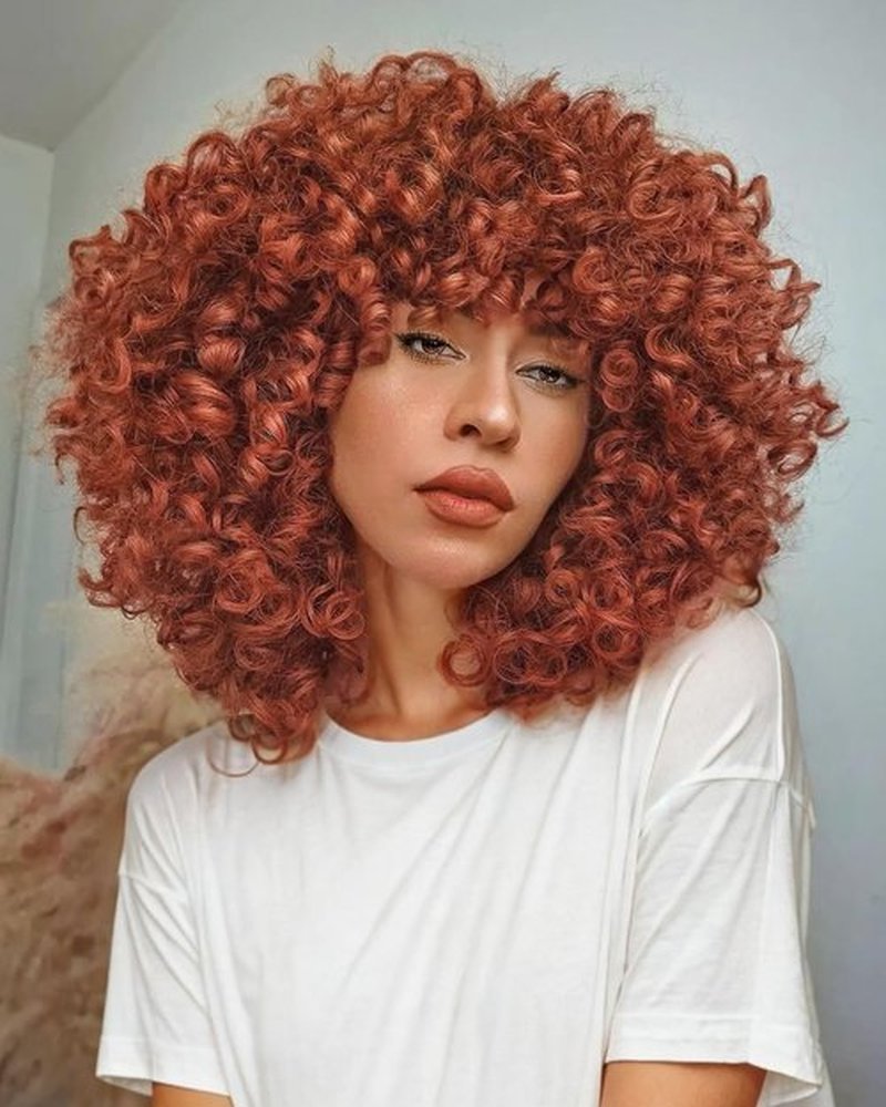Marshey Afro Curly Wigs with Bangs for Black Women Kinky Curly Synthetic Hair Heat Resistant 12 Inch Short Ginger Wig for Daily Party (Orange)