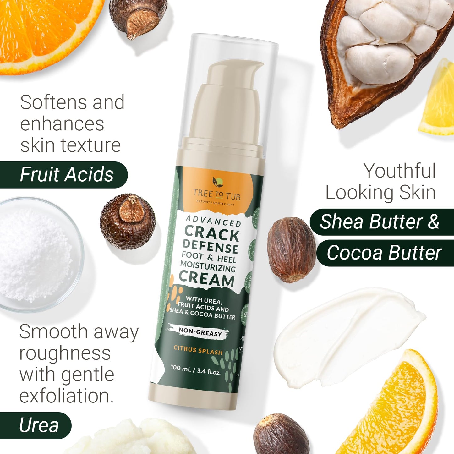 Tree To Tub Foot Cream for Dry Cracked Heels and Feet - Foot Lotion for Dry Cracked Feet, Non-Greasy Moisturizer Urea Cream w/Softening Shea Cocoa Butter, Citrus Foot Care for Women & Men
