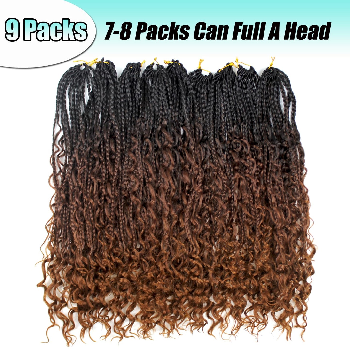 9 Pack Boho Box Braids Crochet Hair - 18 Inch Pre-looped Goddess Box Braids Crochet Hair Bohemian Crochet Boho Crochet Braids With Curly Ends Synthetic Crochet Hair For Women（18 Inch,1B/4/30)