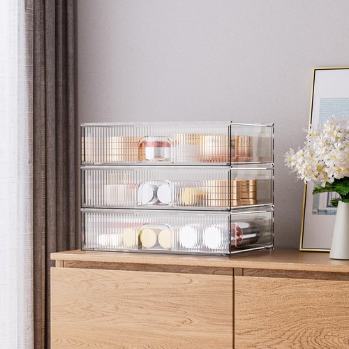 ZHIAI Stackable Storage Drawer, 3 Piece Acrylic Organiser for Cosmetics and Beauty Products, Suitable for Dressers, Bathrooms, Cabinets, Storage Rooms, Bedrooms and Home Organisers