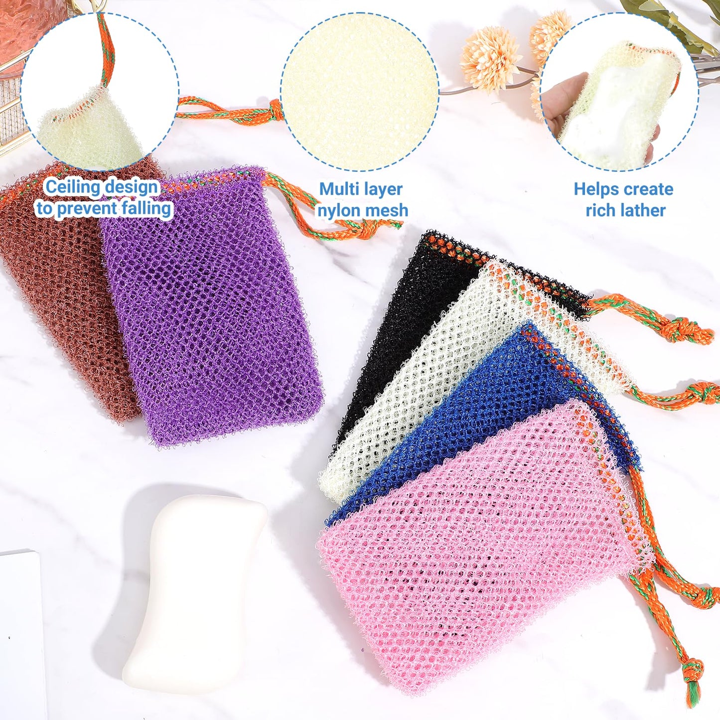 XLIUAX 6 Pack Exfoliating Mesh Soap Bag, Soap Bar Pouch Foaming Bubble Net Bags with Drawstring for Shower Body Facial Cleaning Tool, 5.5x3.5Inch