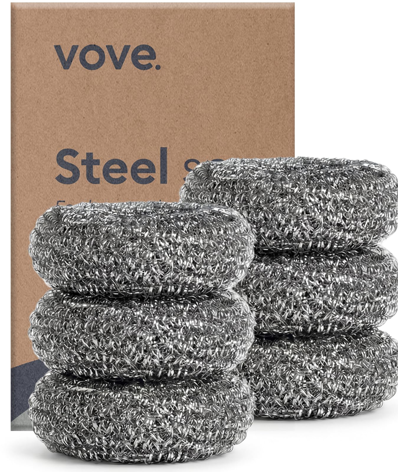 Vove Magnetic Scourer – Rust-Free Stainless Steel Scrubber with FSC-Certified Bamboo Handle, 3 Replacement Pads, for Cast Iron, Pots & Pans, Plastic-Free Zero Waste Cleaner
