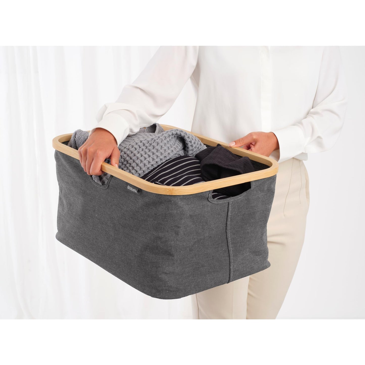 Brabantia - Foldable Laundry Basket 10.6 Gal - Water Resistant Hamper for Wet & Dry Laundry - Storage Basket for Clothes & Linen - Bamboo Rim for Easy Grip - Garment Washing - Pepper Black