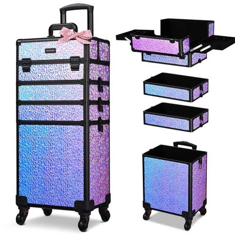 BYOOTIQUE Rolling Makeup Train Case 4in1 Cosmetic Trolley Organizer Travel Case Lockable Salon Barber Case Traveling Cart Trunk with Wheels for Makeup Artist Trave Nail, Mermaid Purple