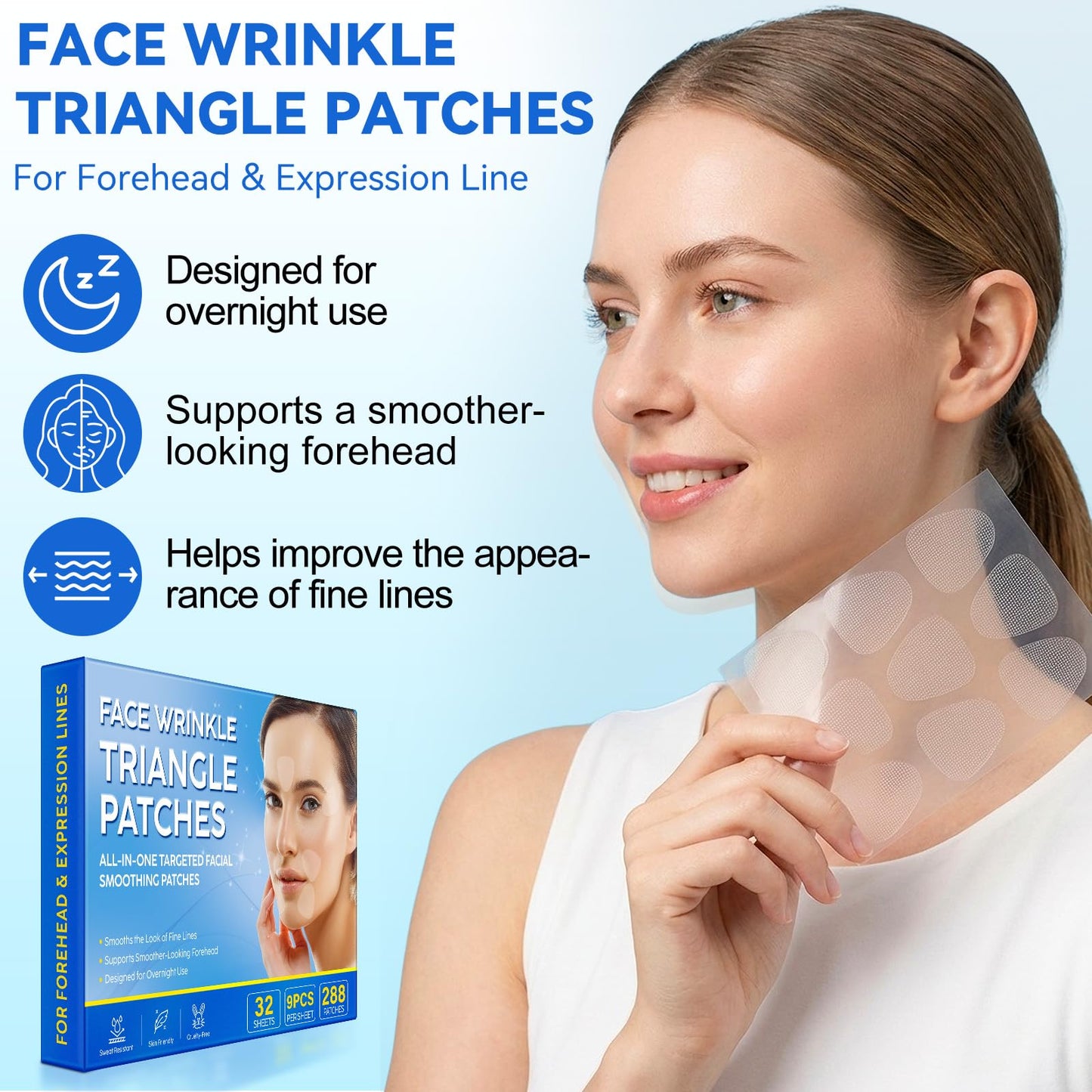 Forehead Wrinkle Patches, Anti-Wrinkle Face Triangle Patches 288 pcs*2 – Overnight Forehead & Expression Line Smoothing Patches – Frown, Smile & Marionette Lines – Reusable, Latex-Free & Skin Friendly
